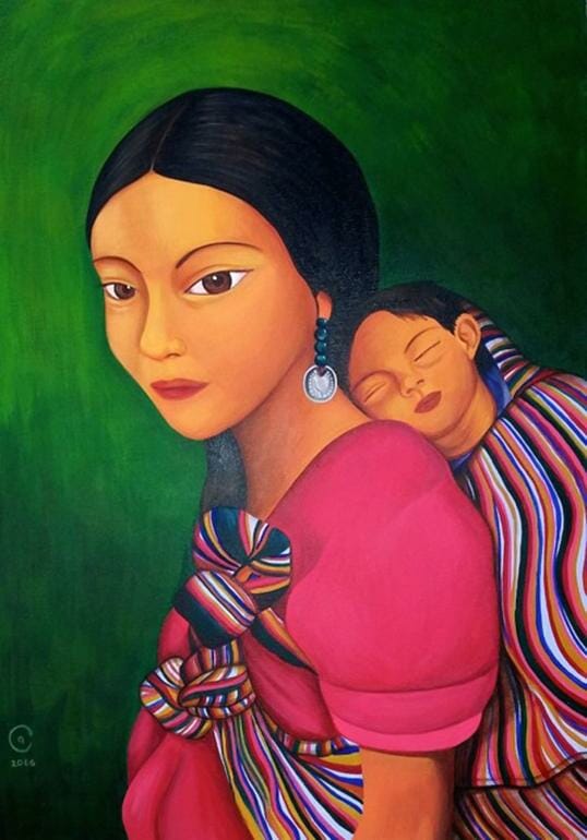 This article is about what it means to be a latina: "soy mujer". The picture shows a painting of a woman and her child by artist Clarissa Argueta.
